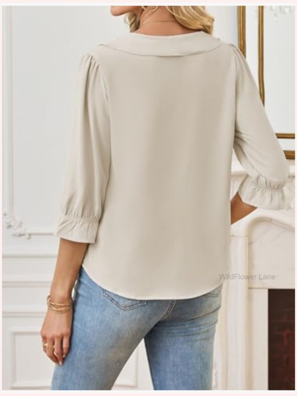 Victorian Ruffle Blouse 3/4 Sleeve V-Neck Business Casual Top Summer Work Shirt - Picture 2 of 6